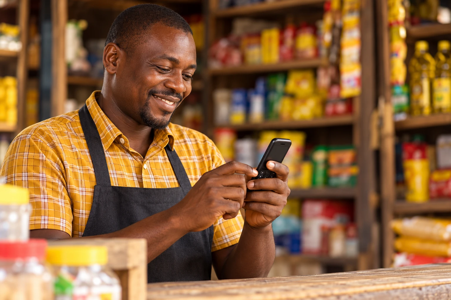 Illustrative Nigerian merchant using a feature phone in his shop